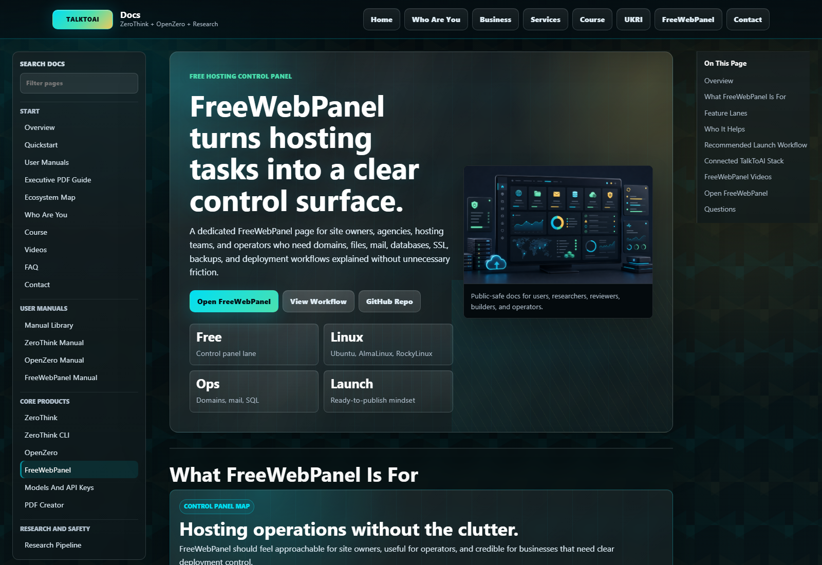 FreeWebPanel documentation page screenshot
